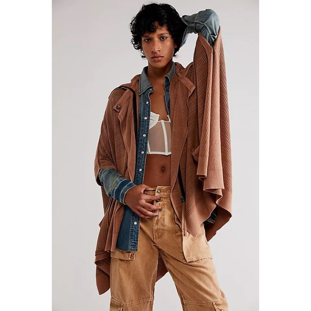 Free People Suzie Poncho Oversized Tan Cotton Blend Zip Up Sweater M/L Lagenlook